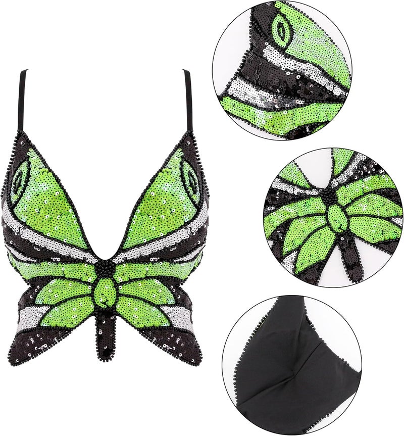 Mocure Womens Glitter Sequin Butterfly Crop Top Low-Cut Tank Top Rave Tube Vest Top for Belly Dance Costume Outfits - Image 5